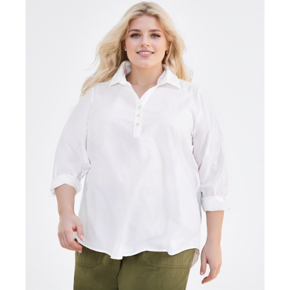 Style & Co Popover Blouse Womens 1X White Long Sleeve Minimalist Clean Girl Chic